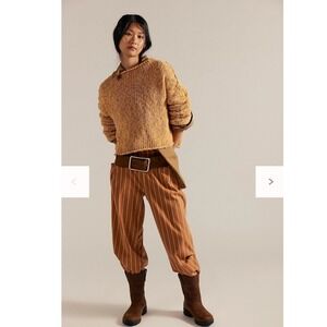 Free People Tan White Striped Wide Leg Pants Elastic Waist Large NWT